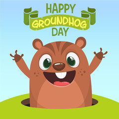 Vector Happy Groundhog day card with cute brown groundhog or marmot or woodchuck isolated on white background. Forecast spring animal in cartoon style for greeting design.