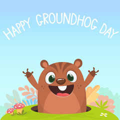 Cartoon groundhog looking out of a burrow in a meadow with green grass background. Happy groundhog day. Vector illustration