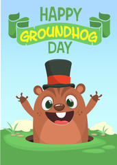 Vector Happy Groundhog day card with cute brown groundhog or marmot or woodchuck isolated on . Forecast spring animal in cartoon style for greeting design.