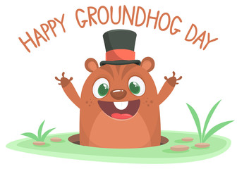 Cartoon marmot groundhog in major hat. Vector illustration. Groundhog day.