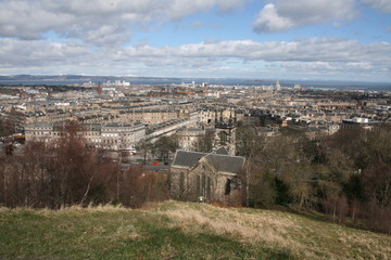 Views of downtown Edinburgh, Pentland Hills and the Firth of Forth from Calton Hill in Edinburgh, Scotland