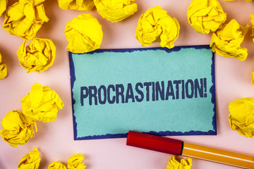Fototapeta premium Writing note showing Procrastination Motivational Call. Business photo showcasing Delay or Postpone something boring written on Sticky note paper within paper balls on plain background Pen
