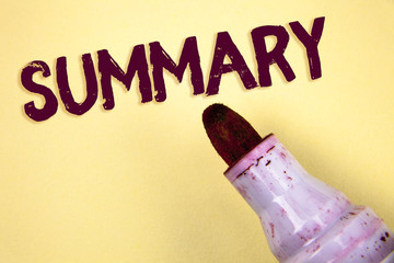 Text sign showing Summary. Conceptual photo Brief Statement Abstract Synopsis Concise Abbreviated...