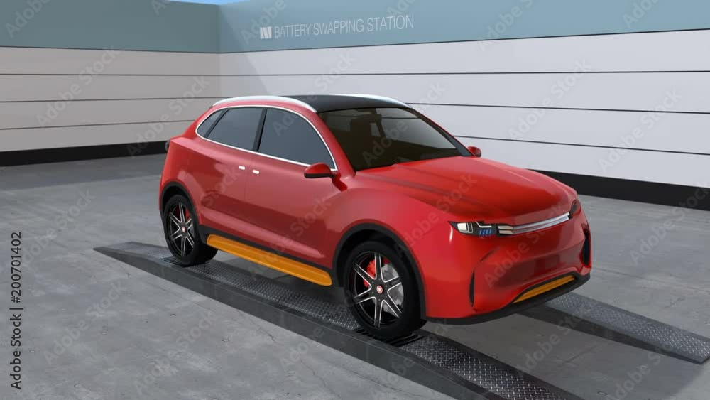 Poster electric suv car exchange battery in battery swapping station. fast battery exchange solution. 3d re