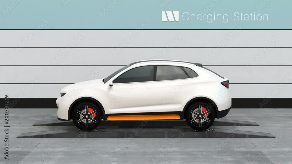 Poster electric suv car exchange battery in battery swapping station. fast battery exchange solution. 3d re