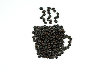 white background and coffee beans, hot coffee cup design horizontal