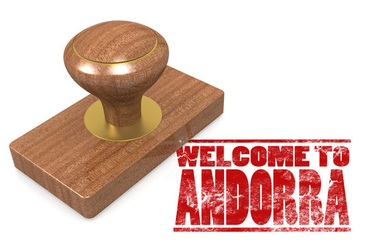 Red rubber stamp with welcome to Andorra