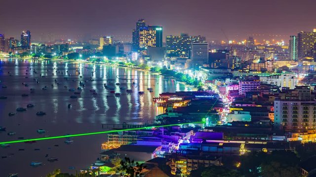 timelapse of Pattaya city and the many boats docking at night