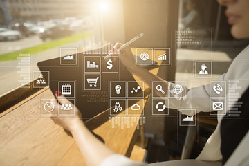 Virtual screen interface with applications icons. APPS. Strategy planning Internet technology concept.