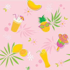 Summer fruits and snack seamless pattern pink background
