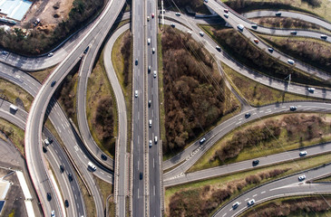 Aerial view of a highway intersection with a clover-leaf interchange Germany Koblenz