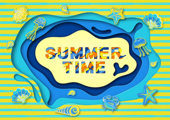 Naklejka premium Summer typography design with abstract paper cut shapes, seashells and marine life . Vector illustration. A frame of cut paper.