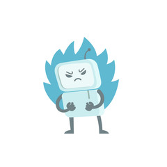 Evil robot in anger with fists and fire. Character virus bot troll. Enraged computer. Flat color vector illustration stock
