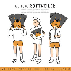 Boy and Girl Holding Puppy's face :  Vector Illustration