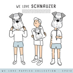 Boy and Girl Holding Puppy's face :  Vector Illustration