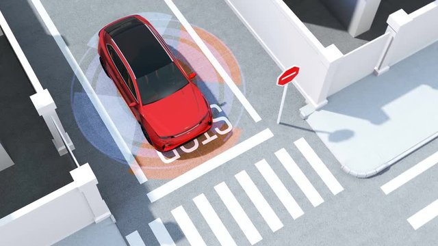 Red SUV in one-way street detected vehicle in the blind spot. Connected car concept. 3D rendering animation.