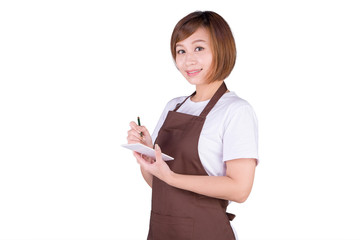 Asia waitress take order from customer in coffee shop, cafe owner writing drink order , Food and drink business concept, Service mind concept