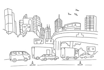 City panorama with road, transport and skyscrapers. Sketch, drawing by hand. Hand drawn black line vector illustration.