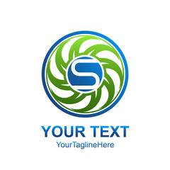 Letter S logo design template colored blue green circle turbine rotation design for business and company identity. Abstract initial S alphabet logo element.
