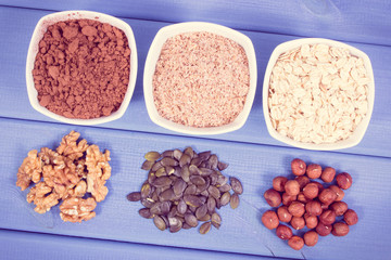 Vintage photo, Natural ingredients as source copper, minerals and dietary fiber