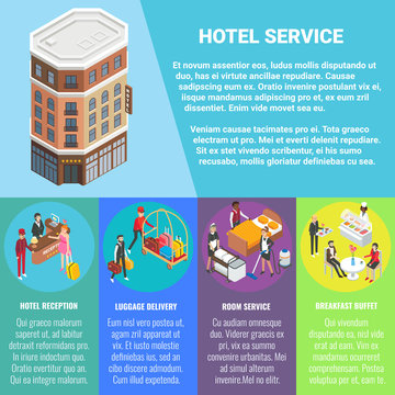 Hotel service concept vector flat isometric poster, banner
