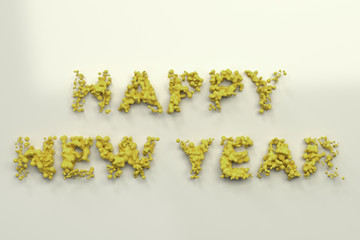 Liquid yellow Happy New Year words with drops on white background