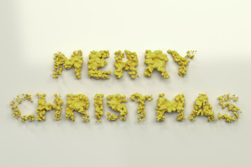 Liquid yellow Merry Christmas words with drops on white background