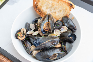 Tasty appetizer peppered mussels