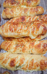 Bread cheese mayonnaise. Bread fresh from the oven. Appetizing aroma.Sell in a bakery.