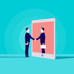 Vector business concept illustration with two businessmen shaking hands, one standing in tablet screen. Metaphor for cooperation, partnership, collaboration, web communication and online consulting.