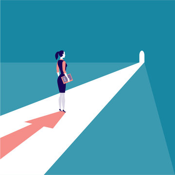 Vector business concept illustration with businesswoman  standing in door light with arrow shadow. Metaphor for aspirations, solution, career perspective, purposes, new goals and aims, motivation.