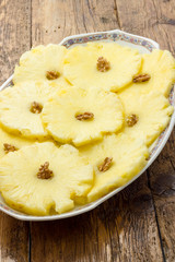 Pineapple slices in a dish