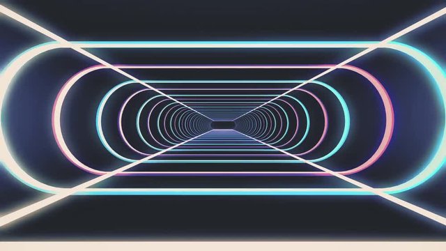In out flight through neon rib lights abstract cyber tunnel motion graphics animation background new quality retro futuristic vintage style cool nice beautiful video footage