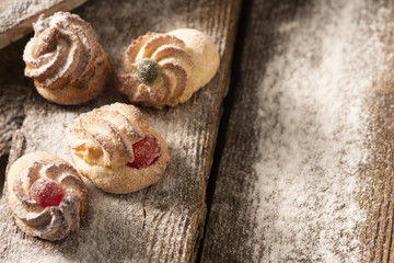 Italian almond patiserrie on wooden table fresh baked