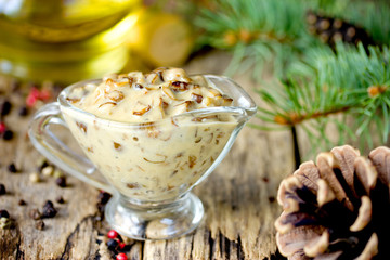 Mushroom sauce in a glass sauceboat