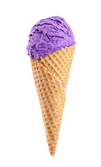 Blueberry ice cream with cone isolated on white background