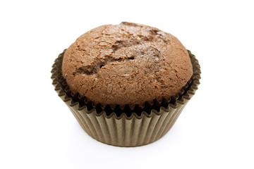 One chocolate cake in brown paper case isolated on white background