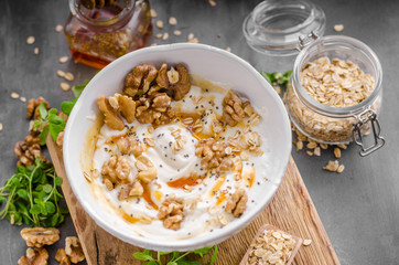 Fresh cheese with honey and walnuts