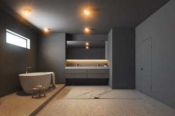 Dark gray bathroom interior, white tub, wood