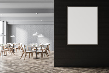 White brick modern cafe interior, poster close up