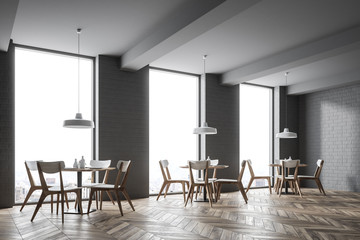 Corner of a gray brick loft cafe