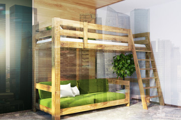 Black bedroom corner, green loft bed toned