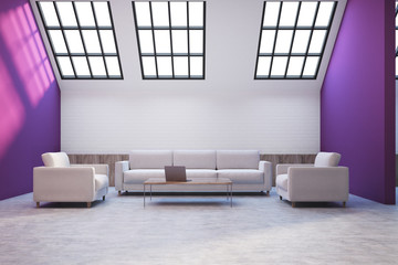 Purple and white attic lving room