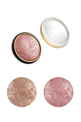 Cosmetic compact face powder with two high resolution samples, beauty products isolated on white background, clipping paths included