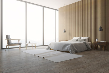Wooden wall loft bedroom interior carpet side view