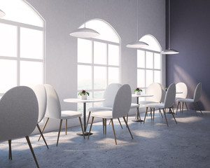 White purple restaurant, large windows, side view