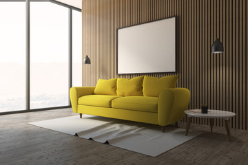 Wooden living room corner, yellow couch, poster