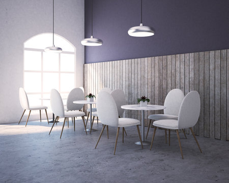 Purple, wood restaurant corner, round tables