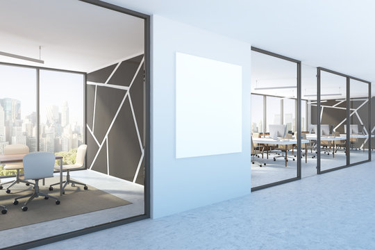 Blue wall office lobby, square poster, side view