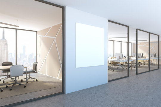 Side view of blue wall office lobby, square poster